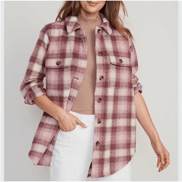 OLD NAVY Plaid Utility Shacket Pink Womens M Transitional Fall Flannel Jacket - Picture 1 of 11